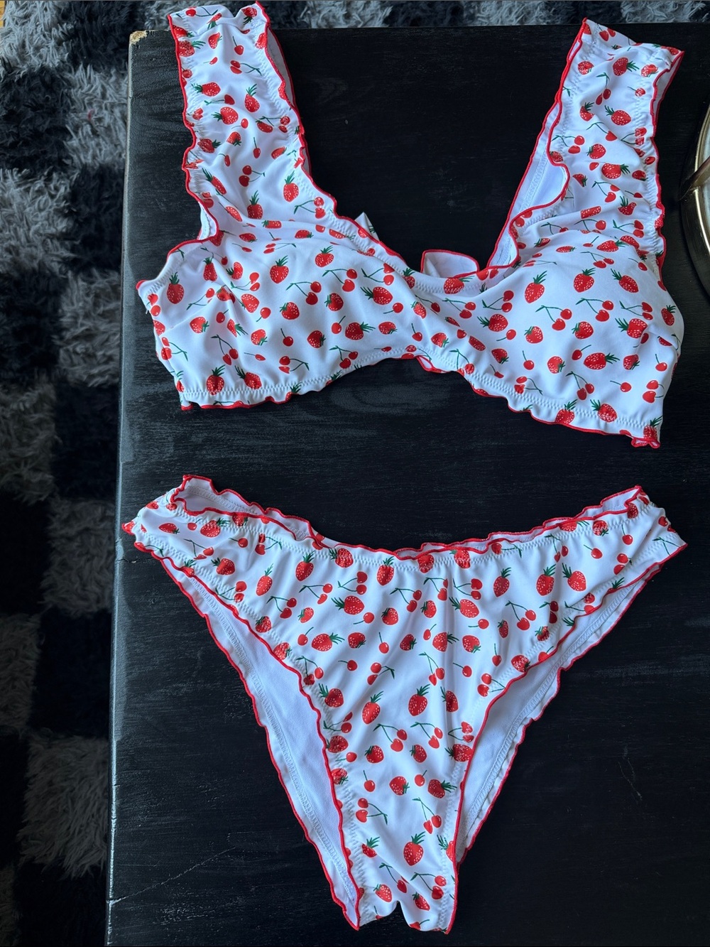 SHEIN White Strawberry Print Ruffle Trim Bikini